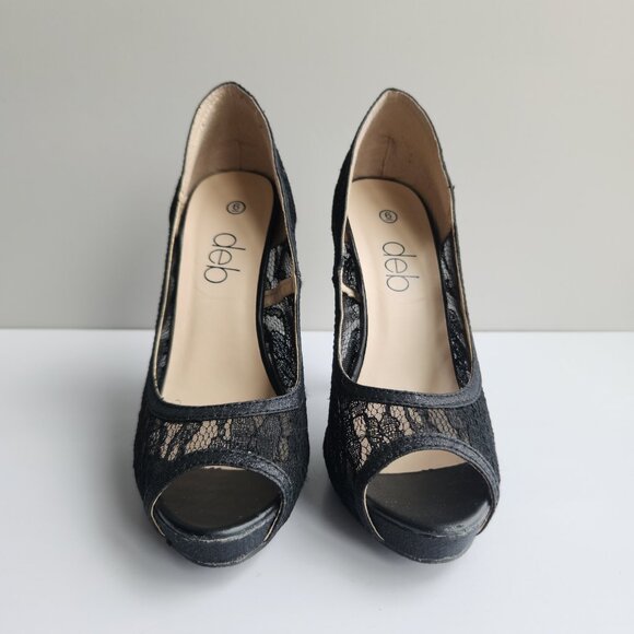 deb Size 6 Black Partial See-Through Lace Simple Pumps Stiletto Heel Peep Toe - Picture 2 of 9